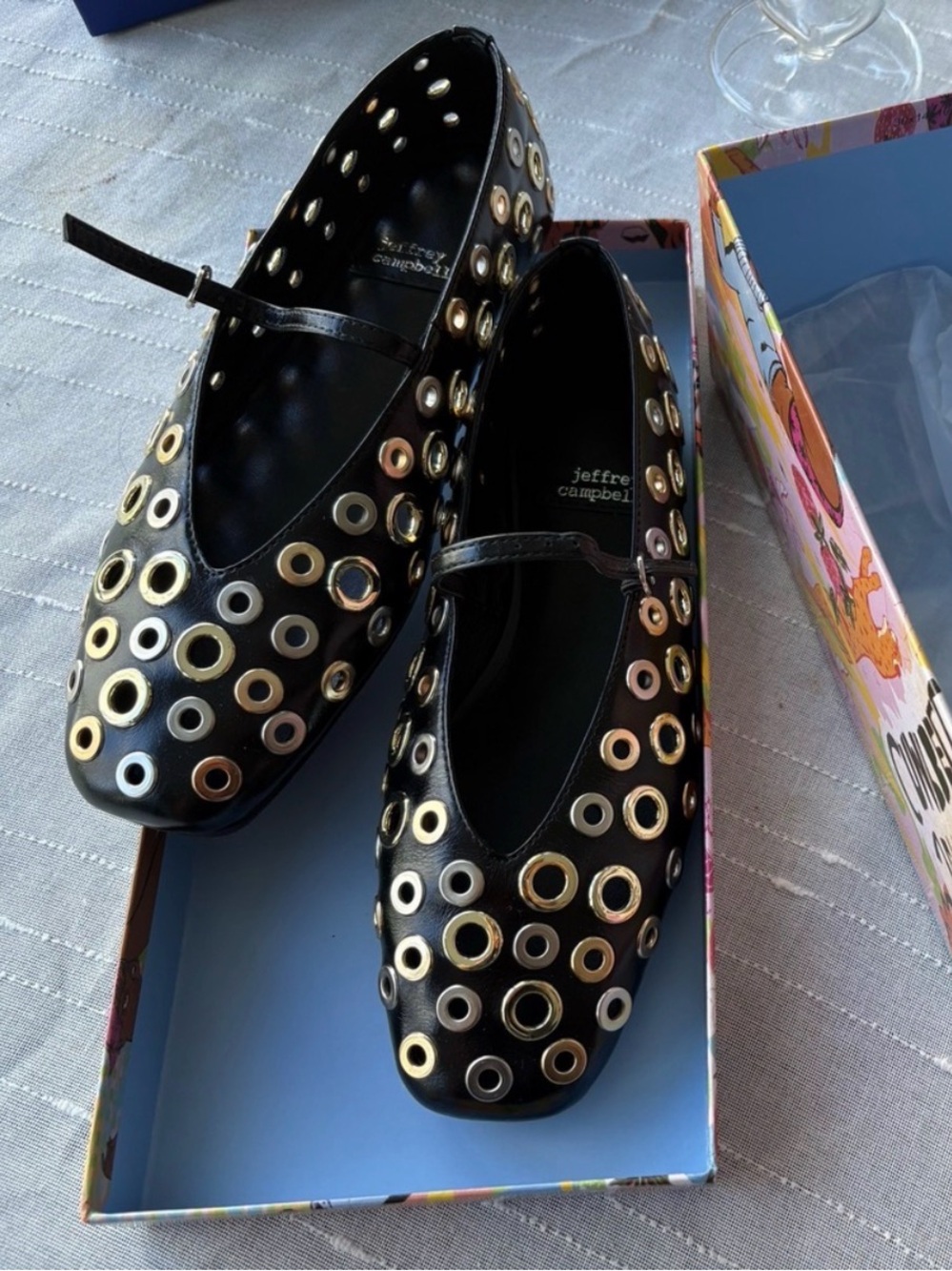 Jeffrey Campbell Black Patent Mary Jane Flats with Metallic Eyelets